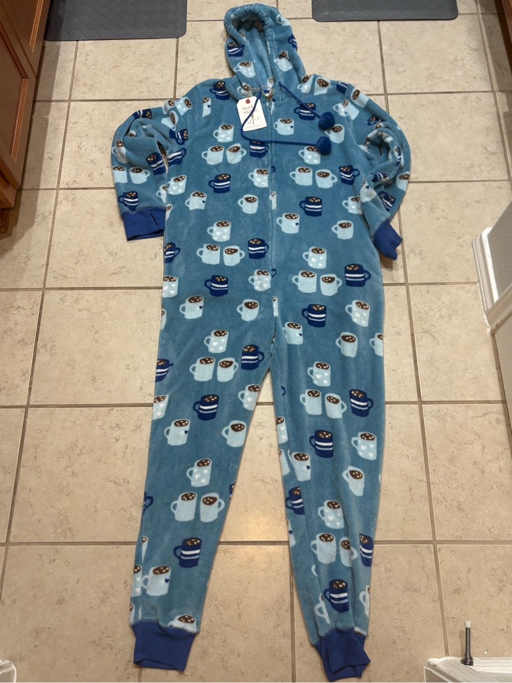 Munki Munki Ladies Plush Hooded One Piece Onesie Pajamas Blue Coffee Cup NWT